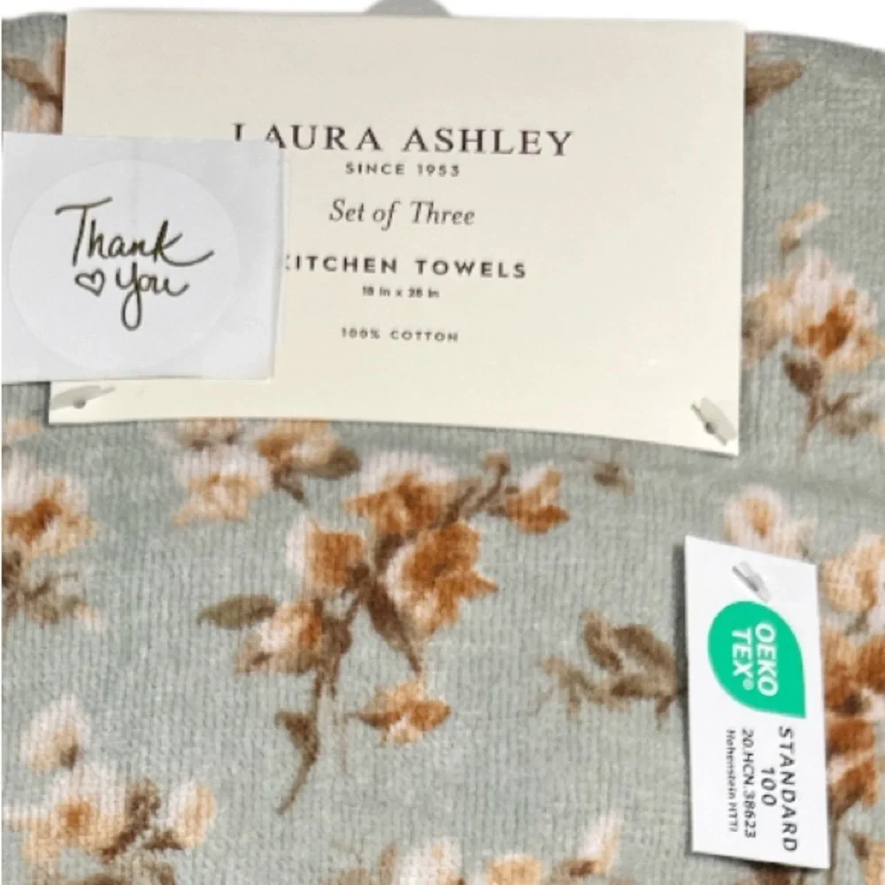 NEW Laura Ashley FLORAL LITTLE DARLINGS Kitchen Towel Set/3 Gold Dusted Green